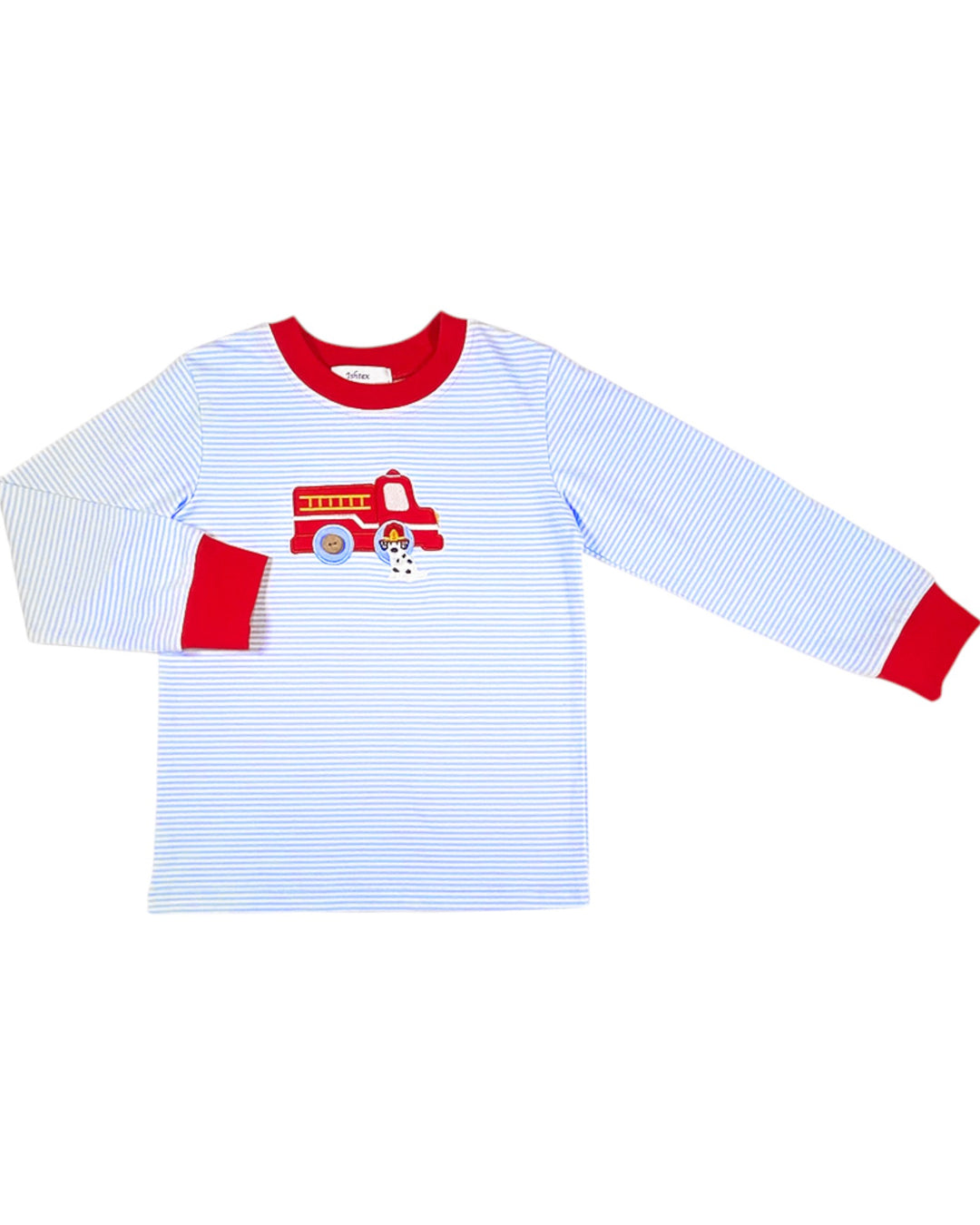 Children's long-sleeve shirt with a fire truck design on a white background