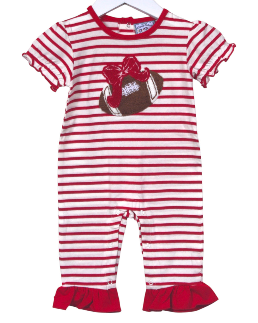 Football Applique Girls Red Stripe Romper, Shop That Store, front