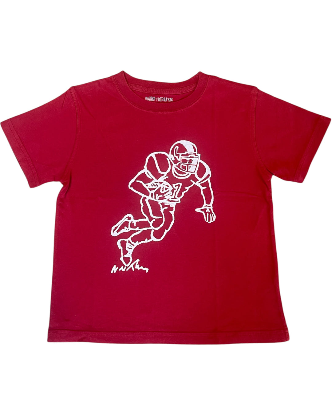 Crimson t-shirt with a white football player graphic on a white background