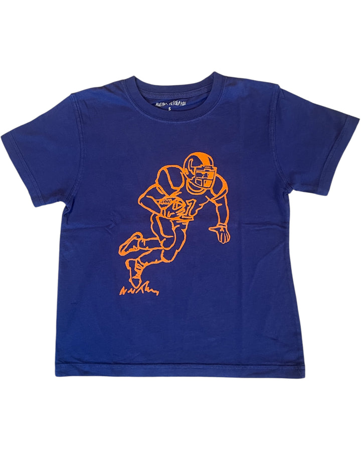 Blue t-shirt with orange football player graphic on a navy background