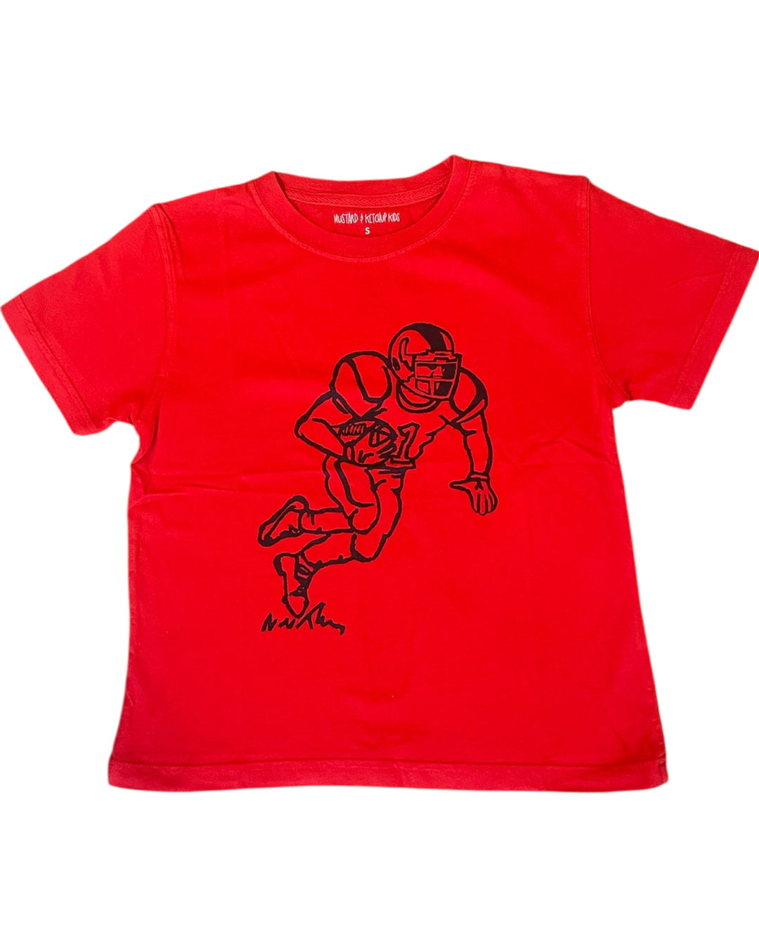 Red t-shirt with black football player graphic