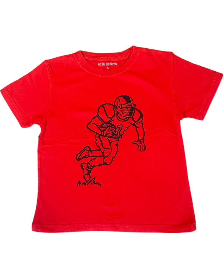 Red t-shirt with black football player graphic