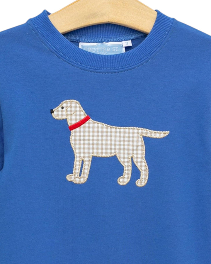 Blue sweatshirt with a checkered dog design on a hanger
