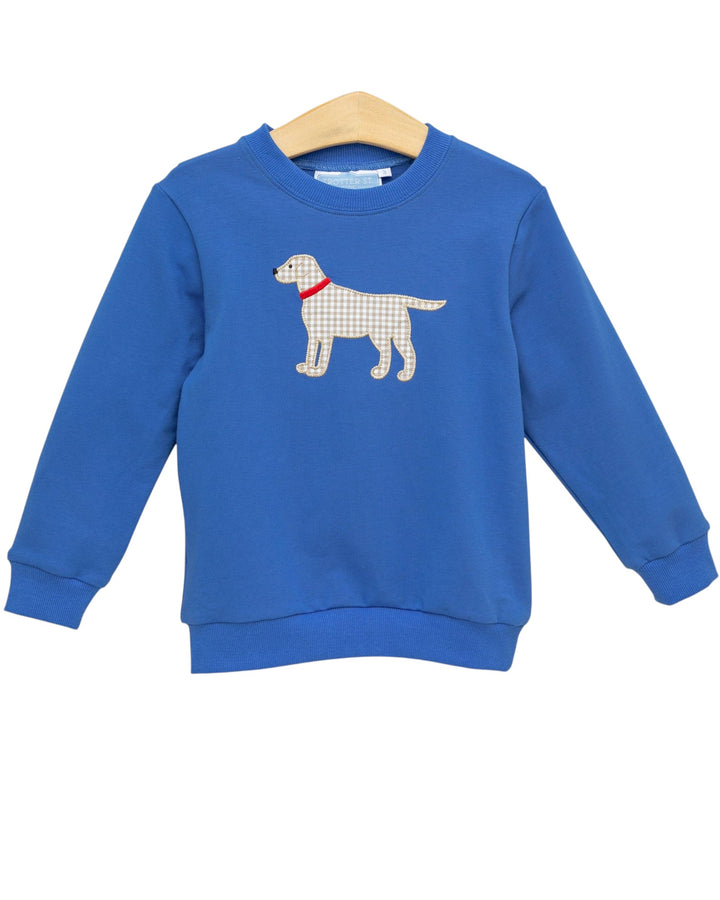 Blue sweatshirt with a dog graphic on a white background