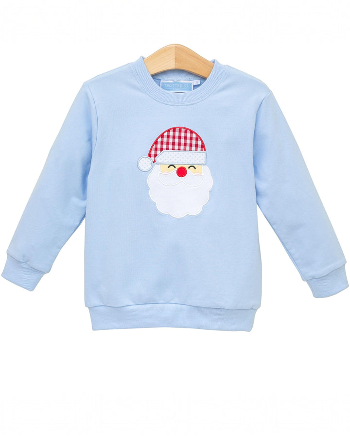 Light blue sweatshirt with a Santa Claus face design on a white background