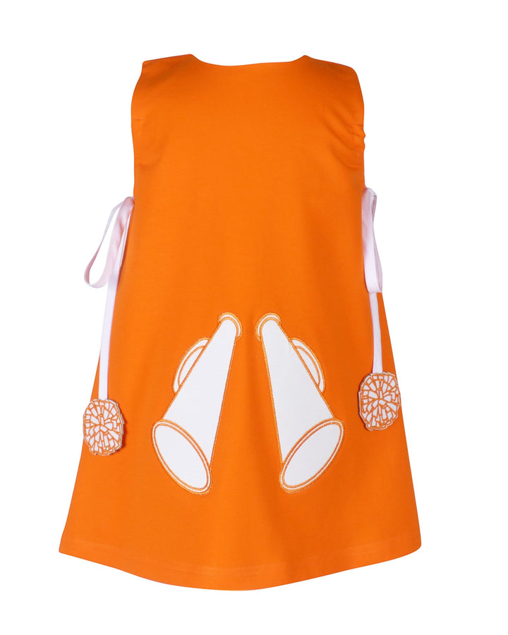 Orange dress with white megaphone designs on a white background