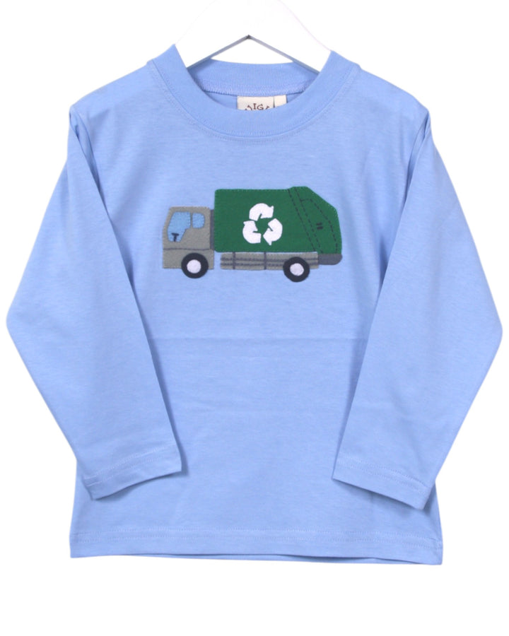Light blue long-sleeve shirt with a recycling truck graphic on a white background