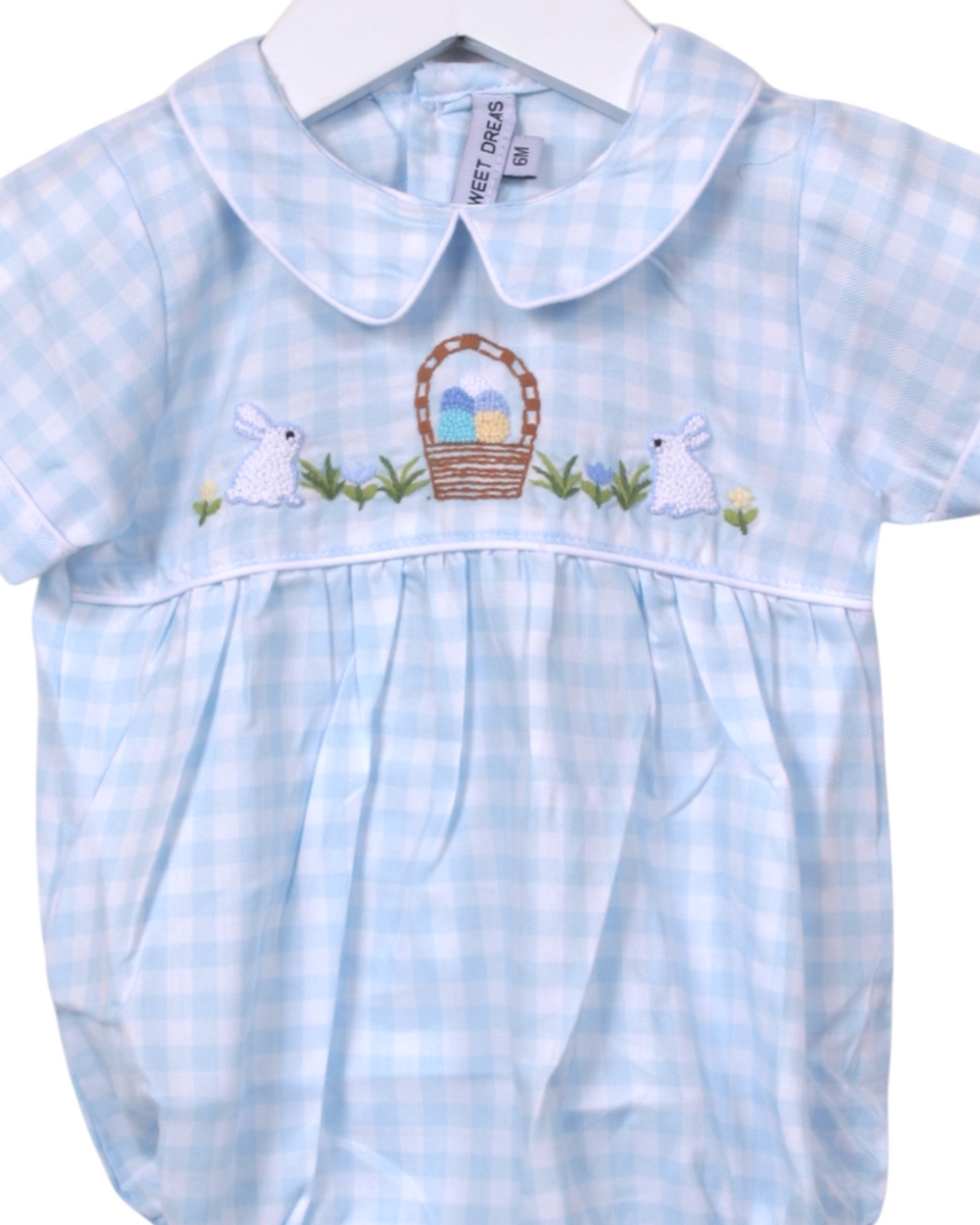 Happy Easter Embroidered Blue Gingham Boys Bubble, That Store, close