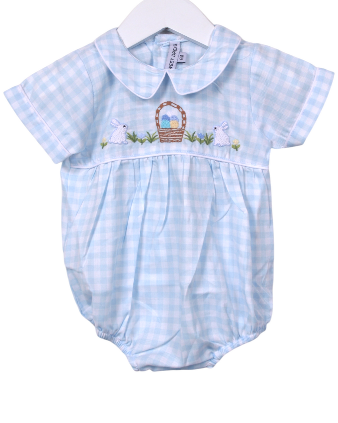 Happy Easter Embroidered Blue Gingham Boys Bubble, That Store, front