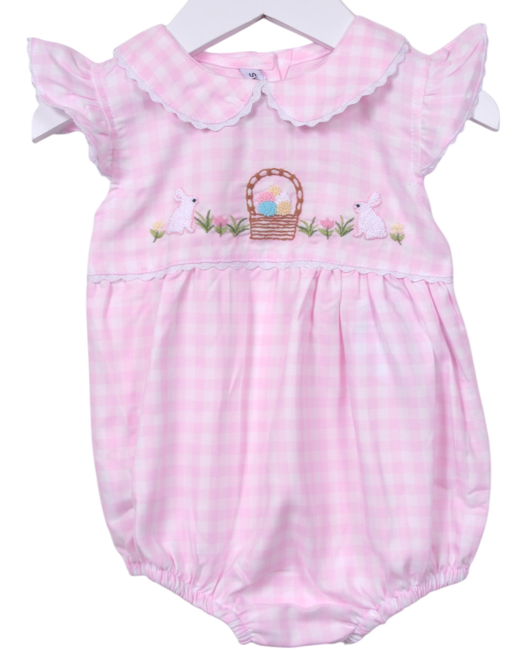 Happy Easter Embroidered Pink Gingham Girls Bubble, That Store, front