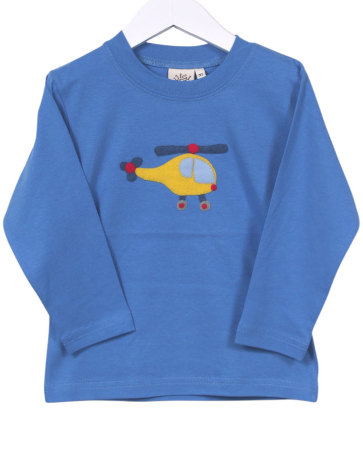 Blue long-sleeve shirt with a yellow helicopter design on a white background