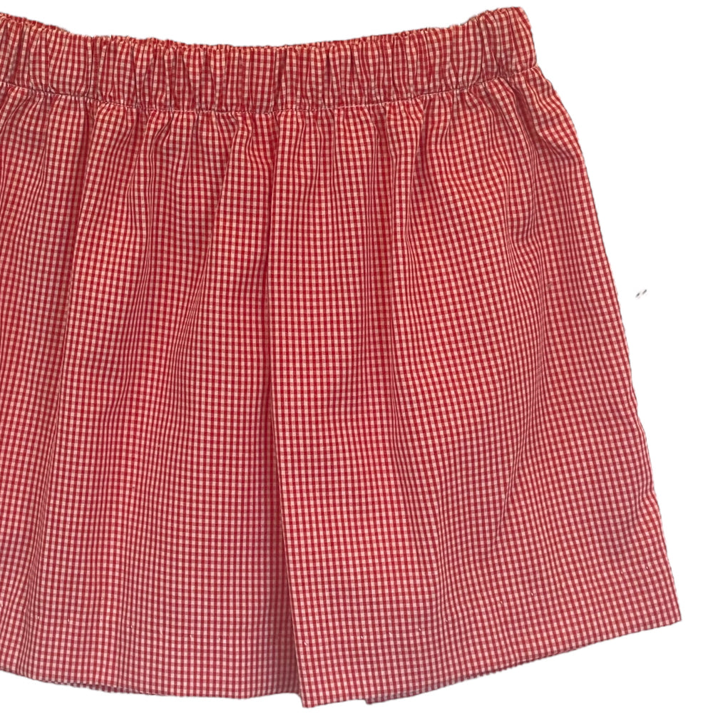 Red Cardinal Mini Gingham Boys Pull on Short, close up