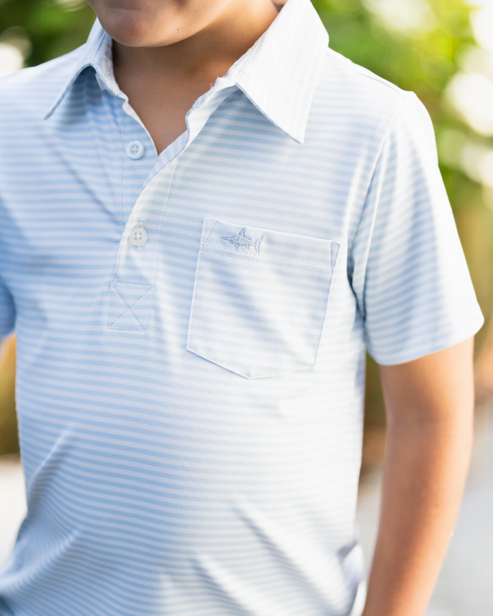 Inshore Performance Boys Polo: Parisian Blue Stripe: Light Blue Stripe, That Store, child
