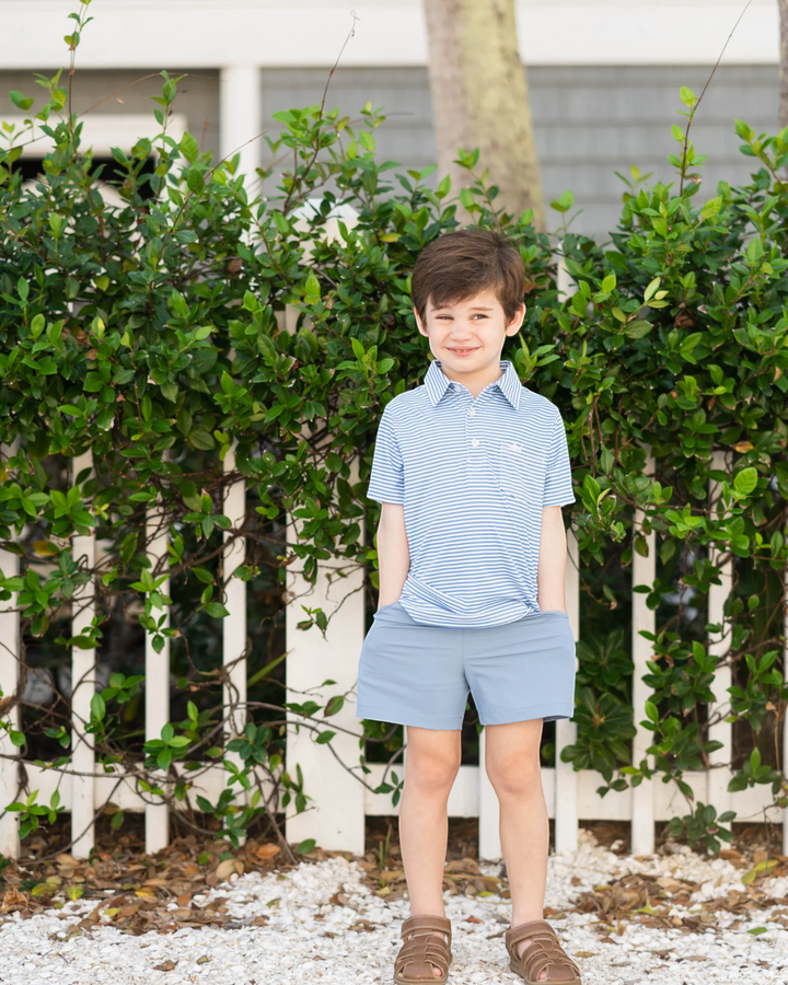 Inshore Performance Boys Polo: Parisian Blue Stripe, That Store, child