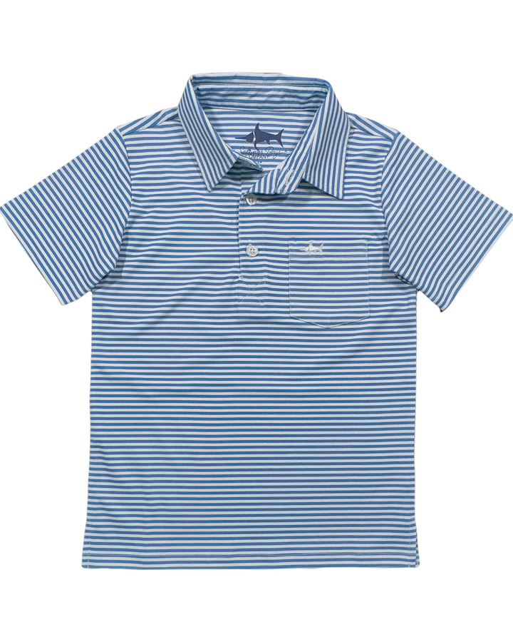 Inshore Performance Boys Polo: Parisian Blue Stripe, That Store, front