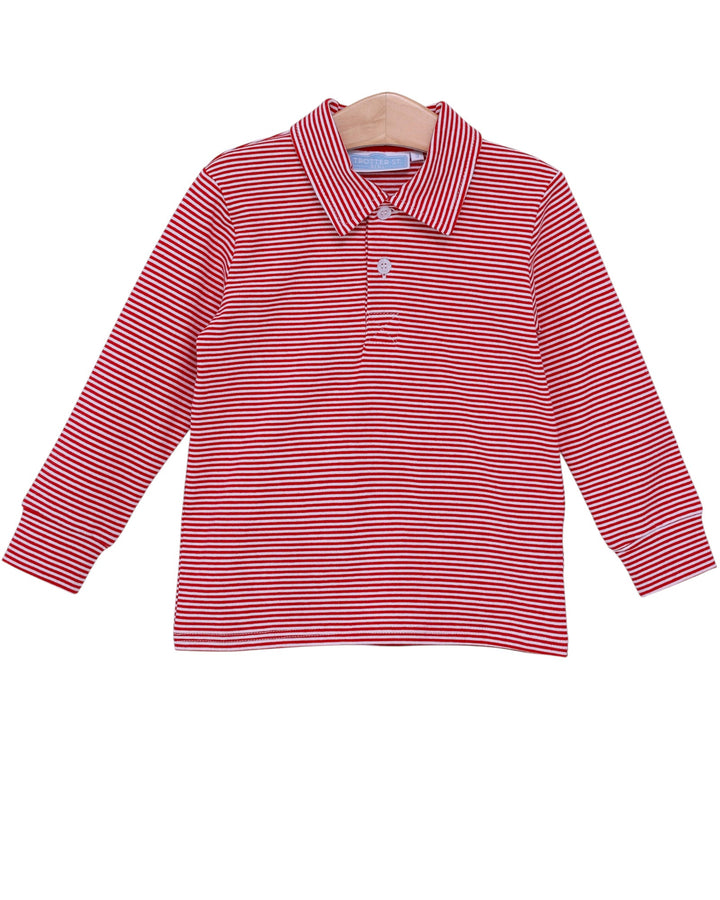 Red and white striped polo shirt on a hanger with a white background