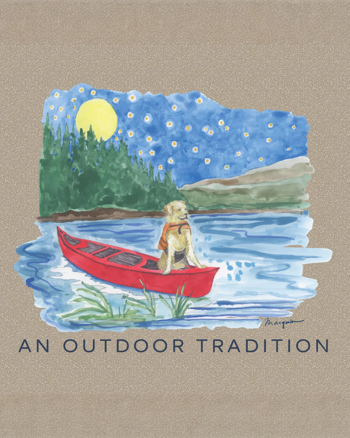 Illustration of a dog in a red canoe on a lake with trees and stars, on a beige background.
