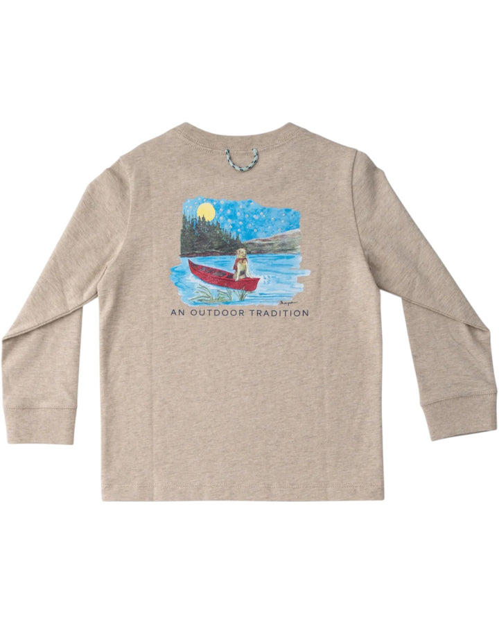 Beige long-sleeve shirt with a graphic of a person in a red kayak on a lake at night.