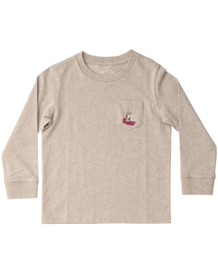 Beige long-sleeve shirt with a small pocket and design on a white background