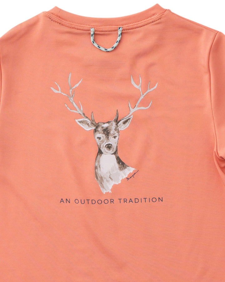 Coral t-shirt with a deer graphic and 'An Outdoor Tradition' text on the back.