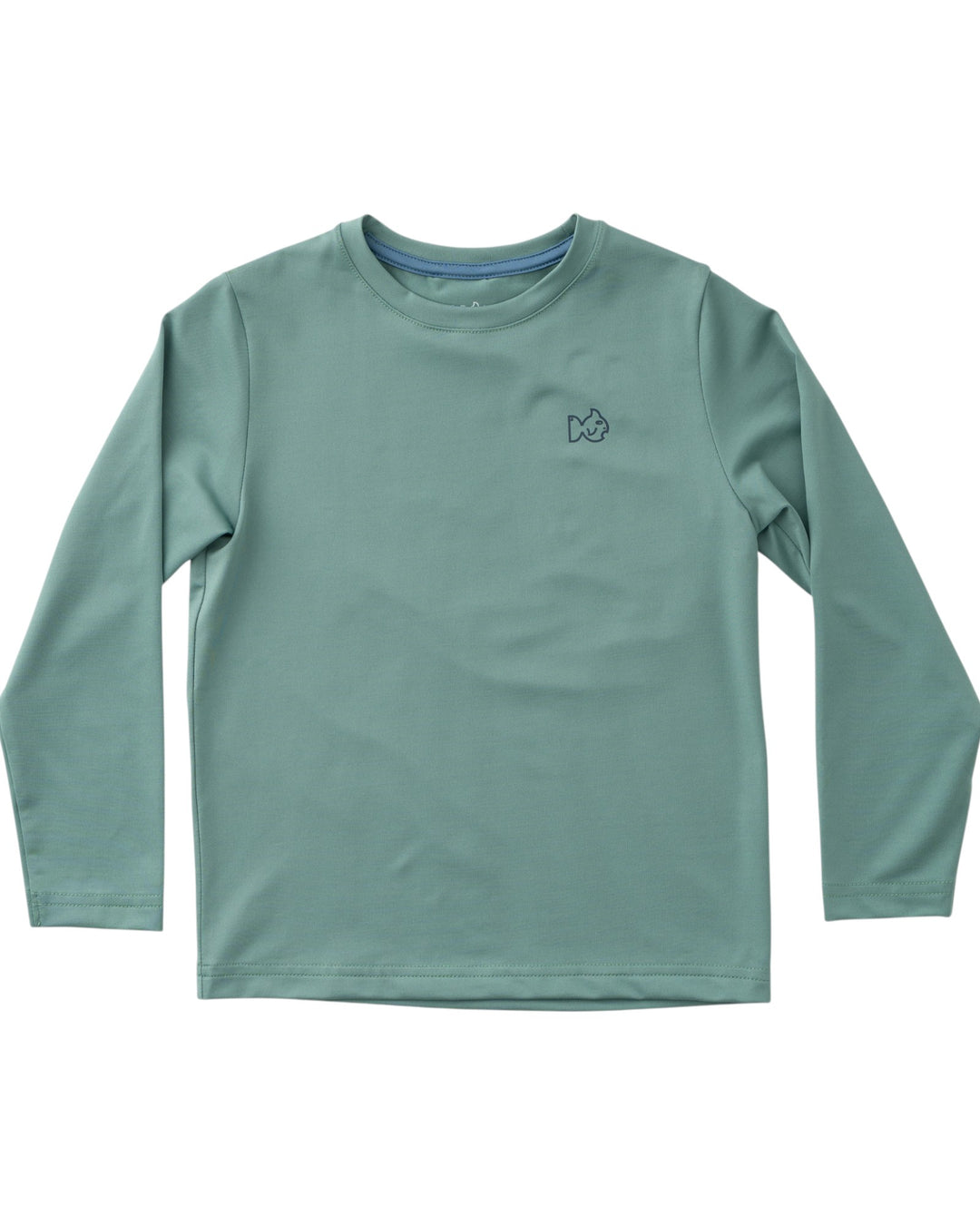 Green long-sleeve shirt with a small logo on a white background