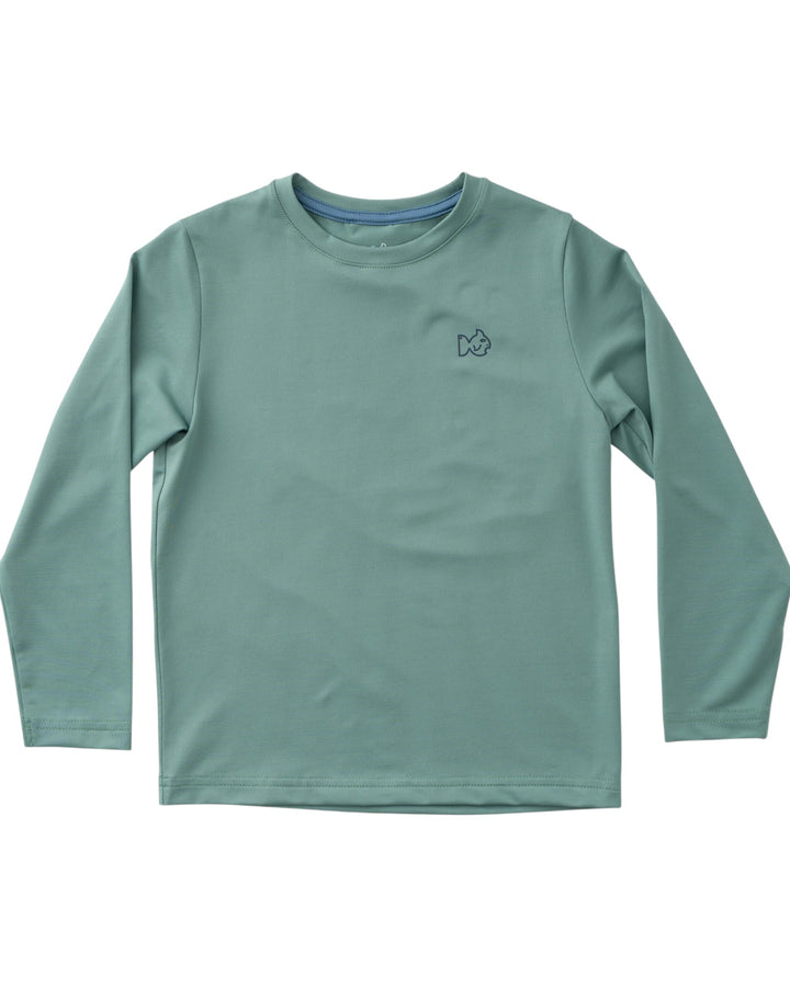 Green long-sleeve shirt with a small logo on a white background