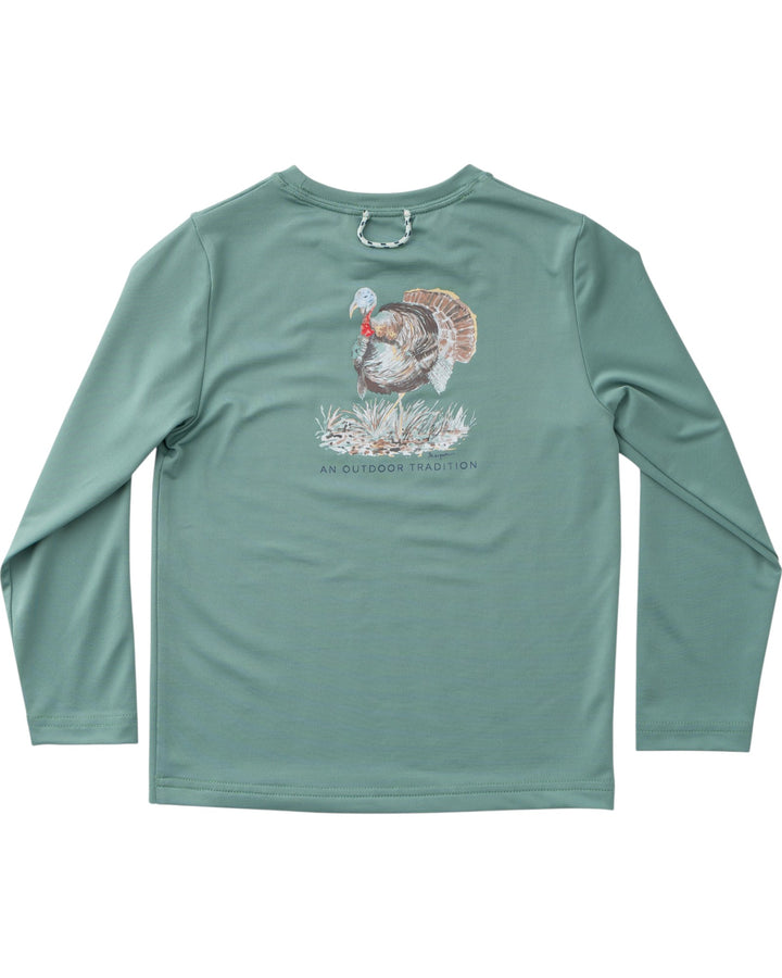 Green long-sleeve shirt with a turkey graphic on a white background