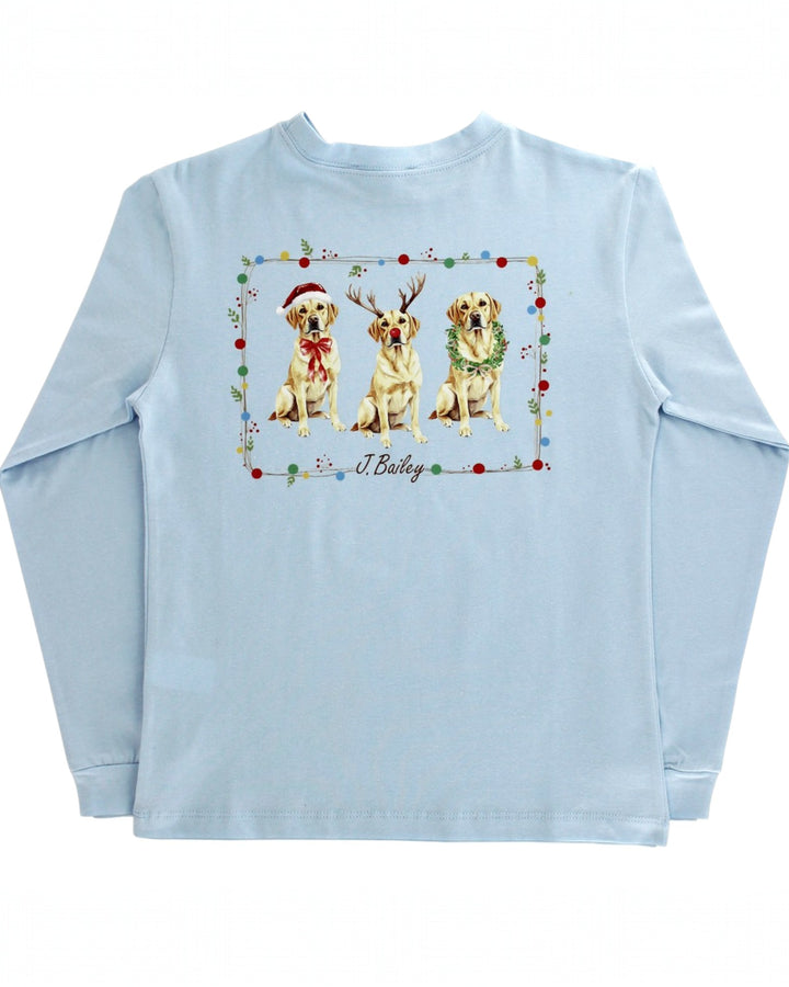 Light blue sweatshirt with a graphic of three dogs wearing Christmas-themed accessories on a white background.