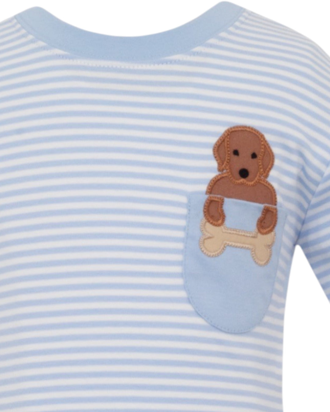 Blue and white striped shirt with a brown lab design on a white background