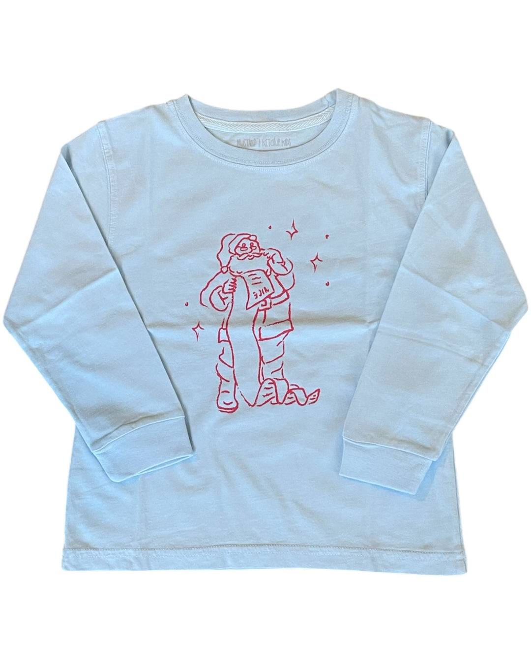 Light blue long-sleeve shirt with red graphic design on a white background