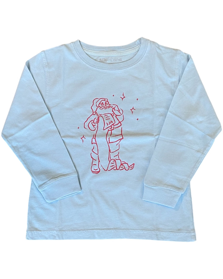 Light blue long-sleeve shirt with red graphic design on a white background