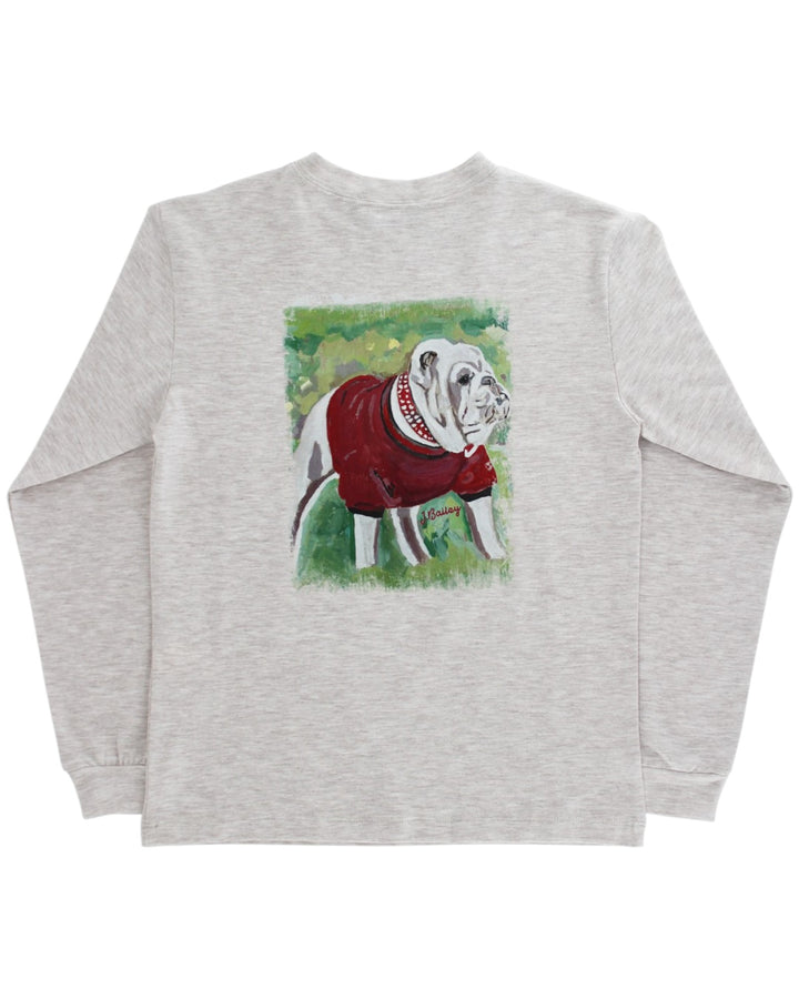 Gray t-shirt with a dog in a red sweater graphic on the back against a white background