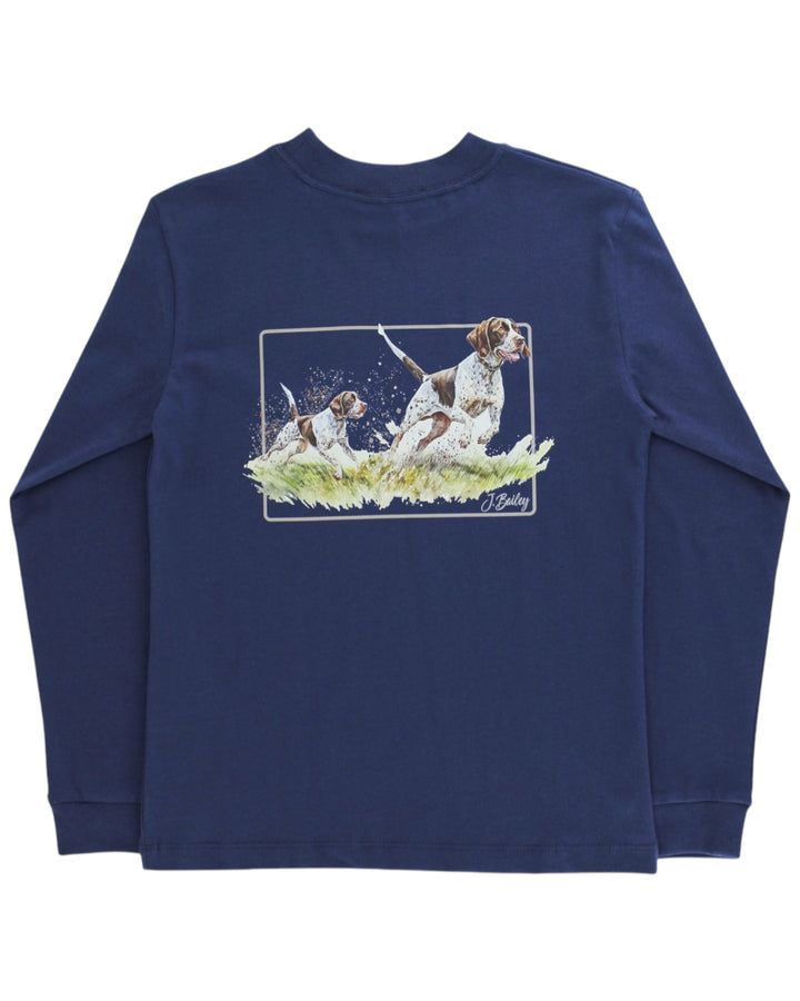 Navy blue long-sleeve shirt with a graphic of two dogs on a white background