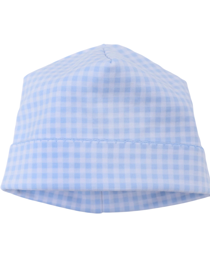 Blue checkered bucket hat on a white background