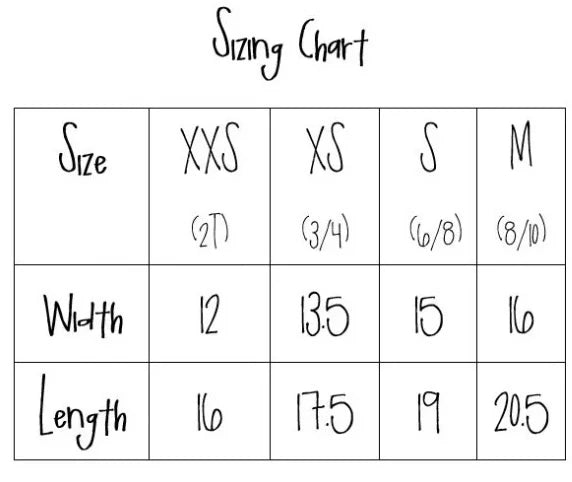 Handwritten sizing chart for clothing with sizes XXS, XS, S, M and corresponding width and length measurements.