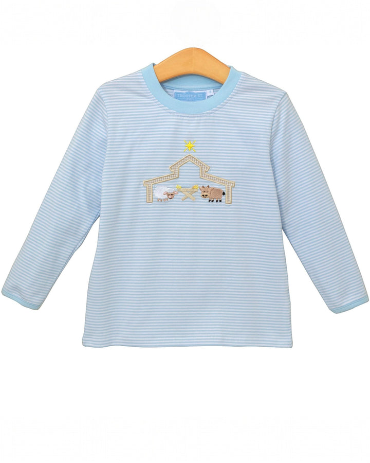 Blue striped long-sleeve shirt with a embroidered design on a white background