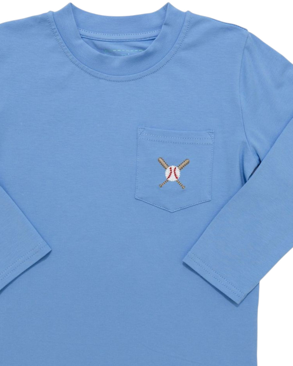 Blue long-sleeve shirt with a pocket featuring a baseball and bat design.