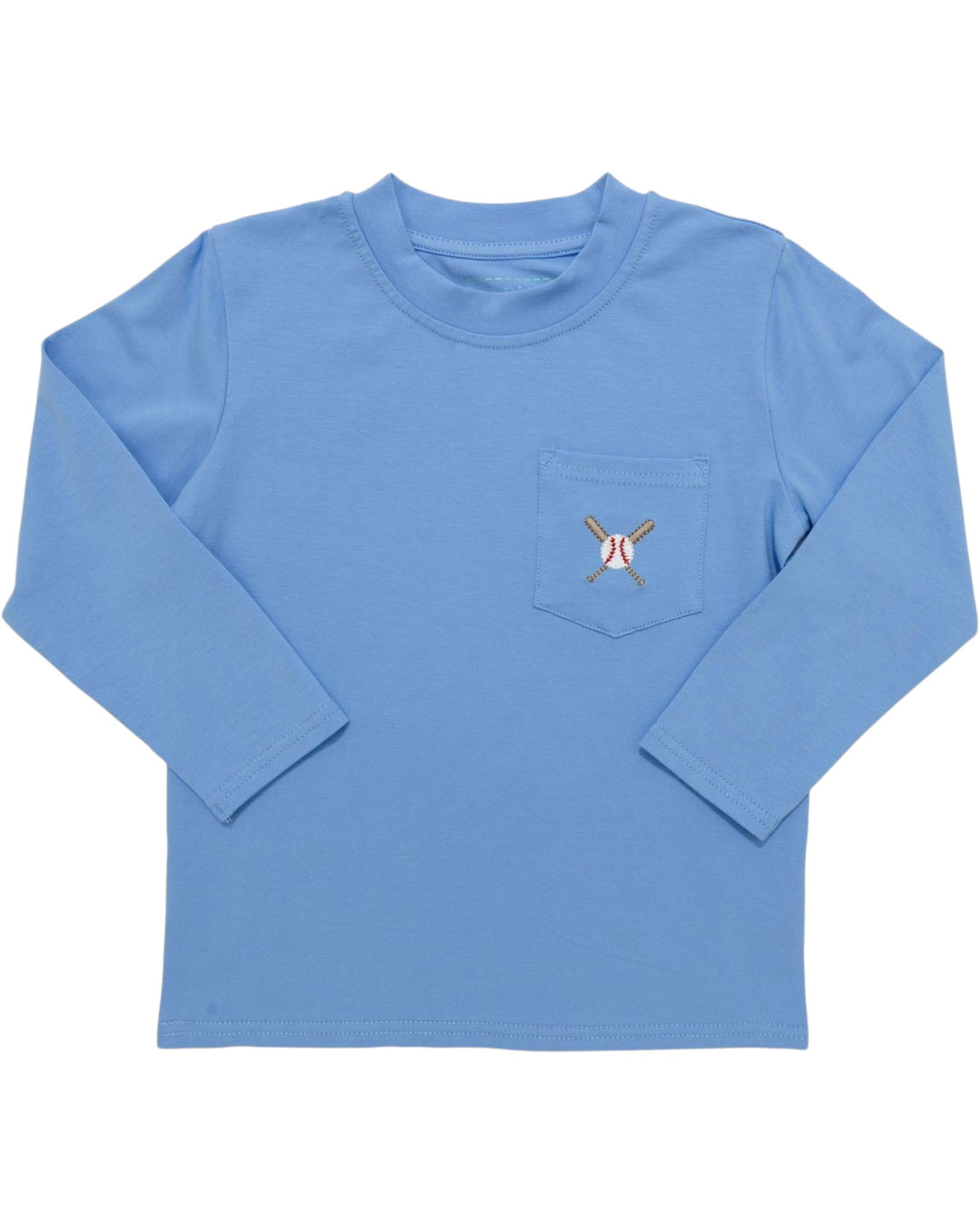 Blue long-sleeve shirt with a pocket and logo on a white background