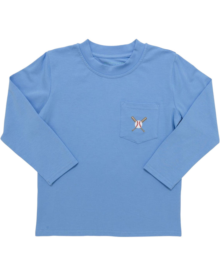 Blue long-sleeve shirt with a pocket and logo on a white background