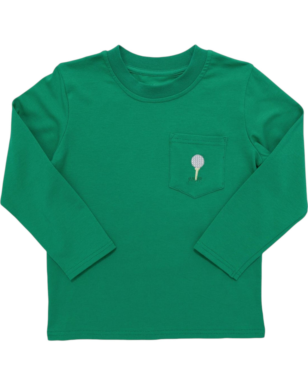 Green long-sleeve shirt with a small pocket on a white background