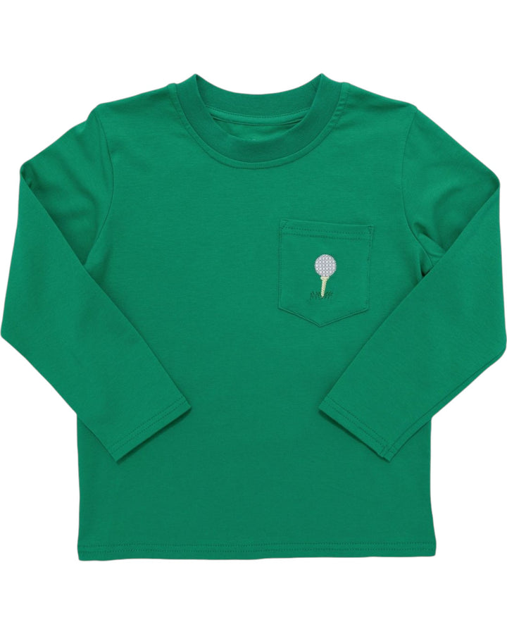 Green long-sleeve shirt with a small pocket on a white background