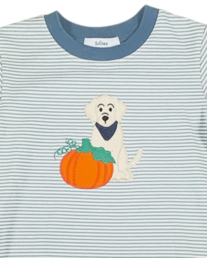 Striped shirt with a dog and pumpkin design on a blue and white background