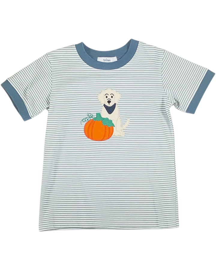 Striped t-shirt with a dog and pumpkin design on a white background