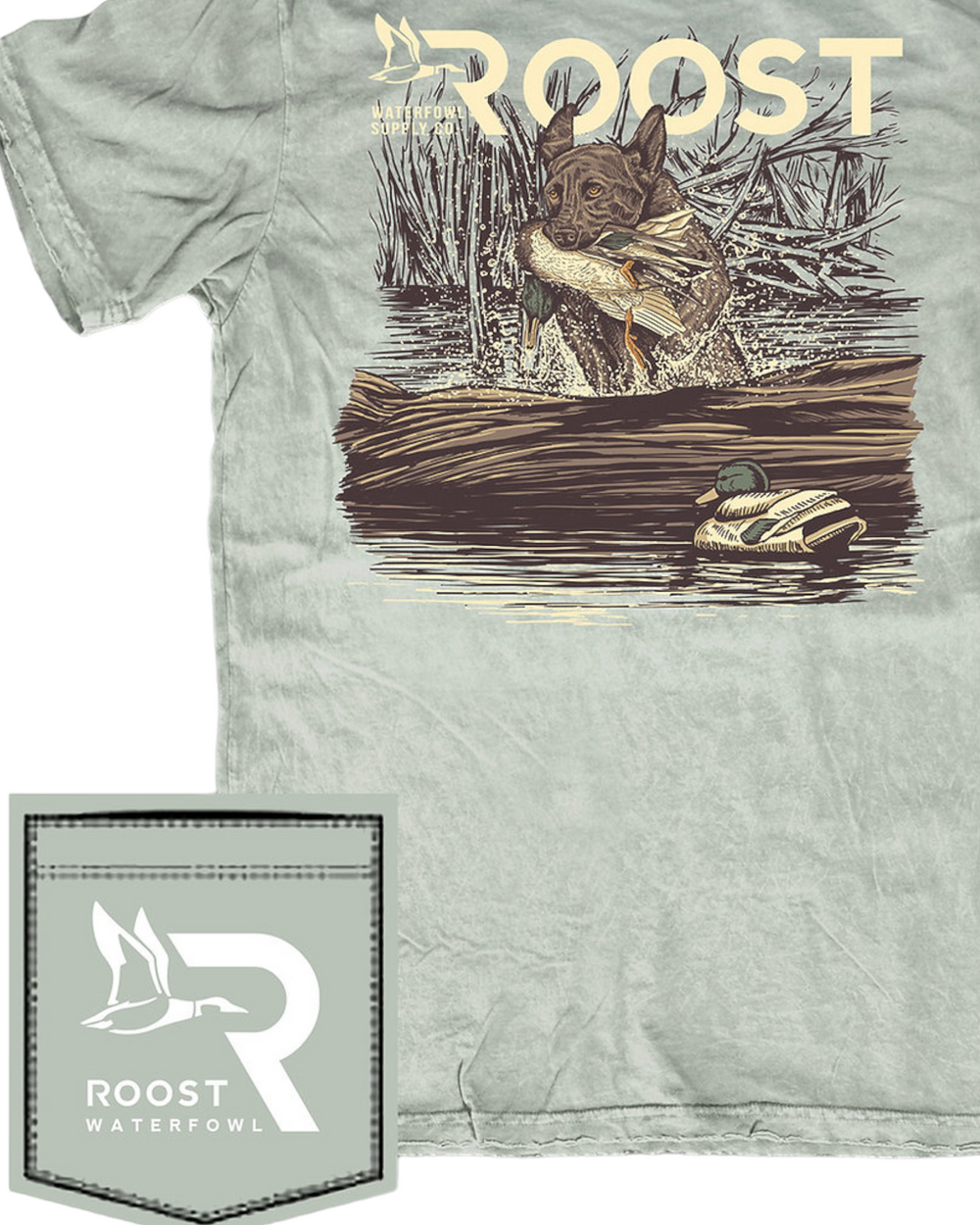 Roost Swamp Puppy Boys Tee in Bay, close up