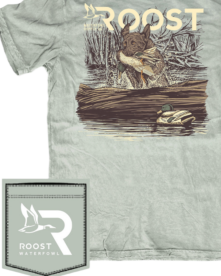 Roost Swamp Puppy Boys Tee in Bay, close up