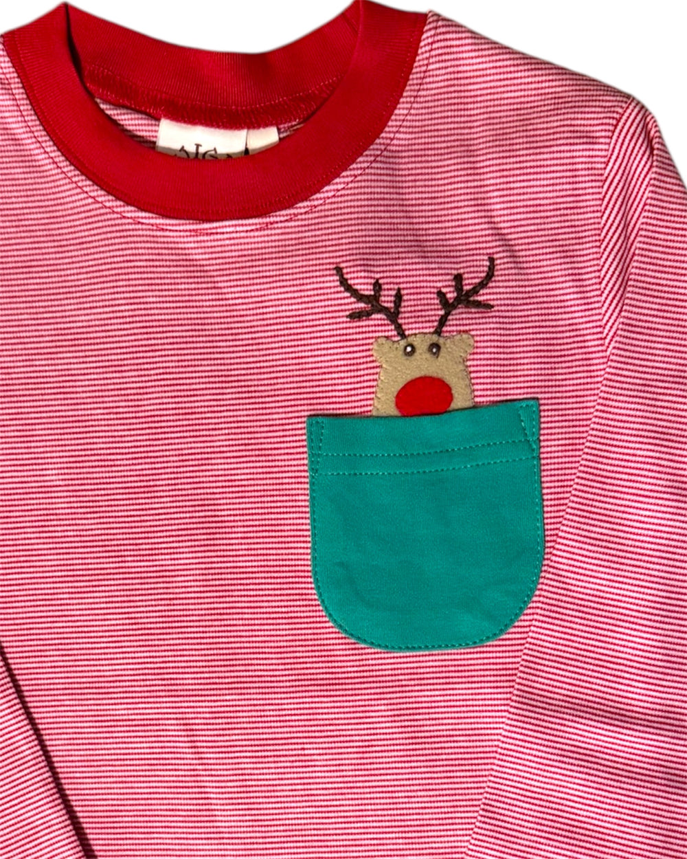 Red and white striped shirt with a green pocket featuring a reindeer design.