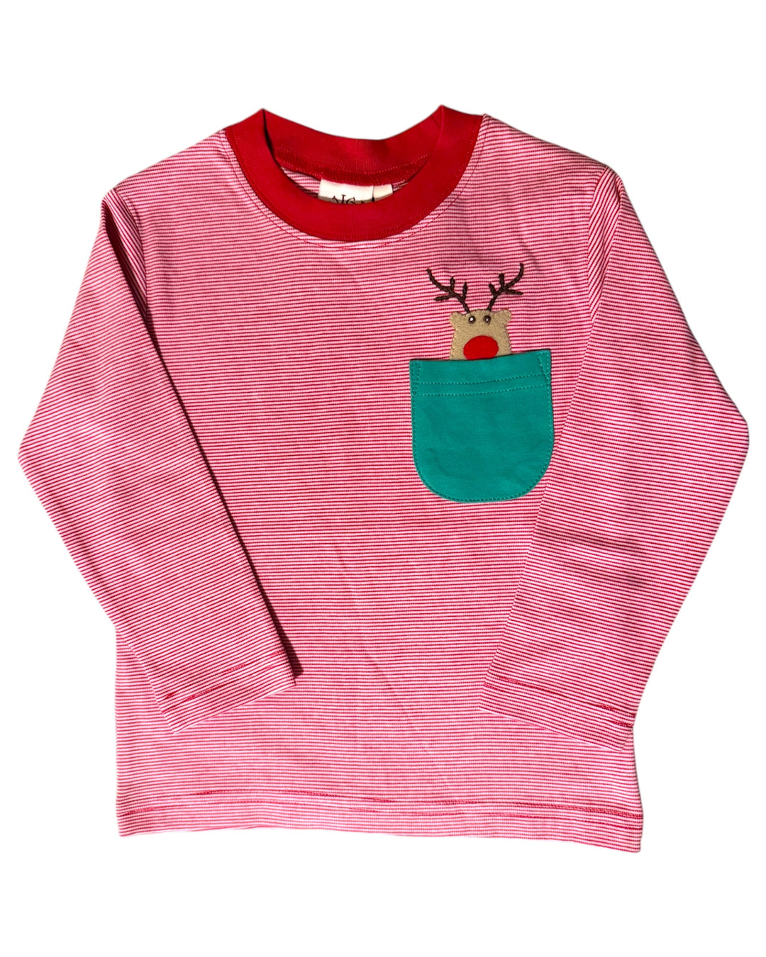 Pink striped sweater with a reindeer design on a white background