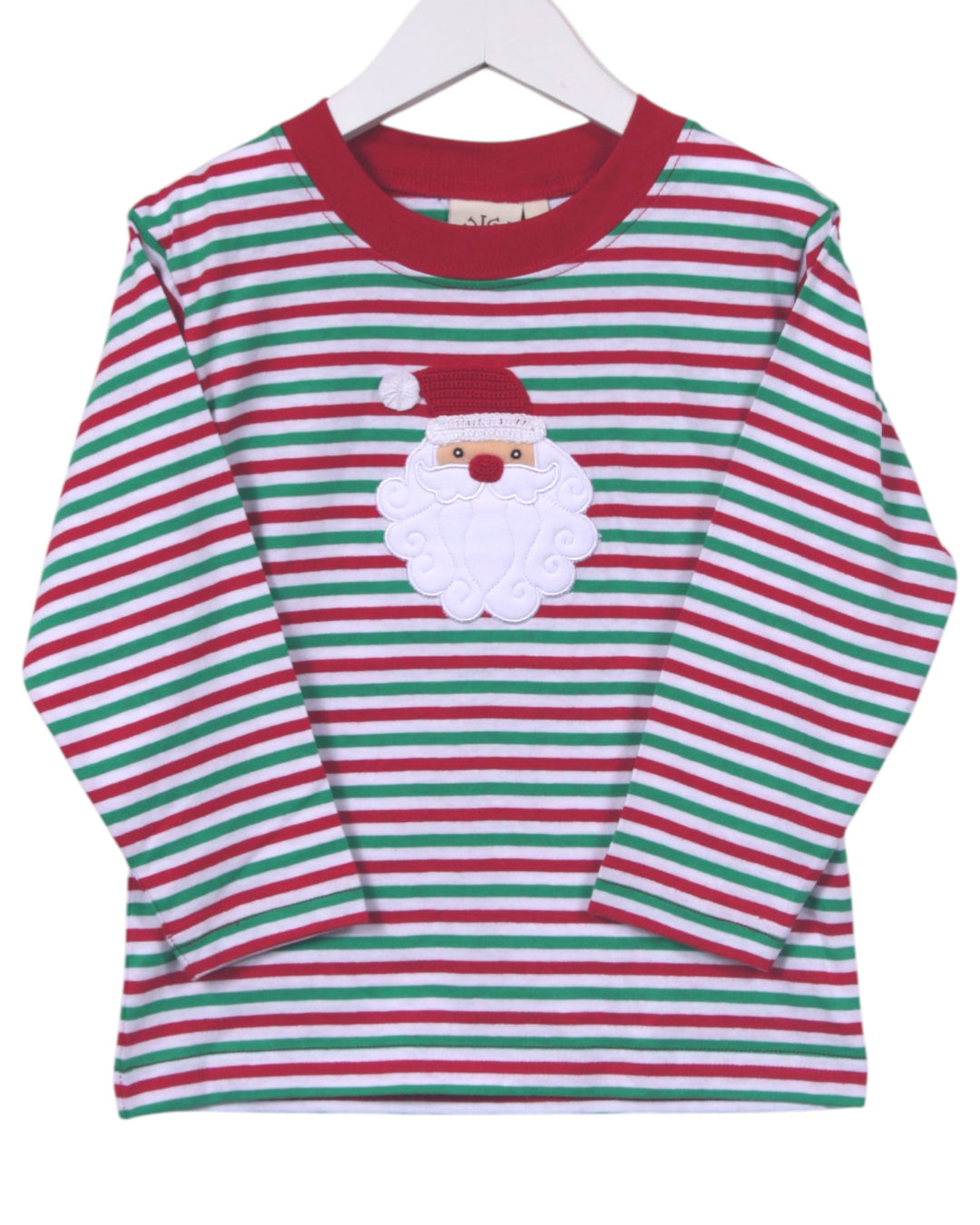 Red, green, and white striped shirt with Santa Claus face on a hanger