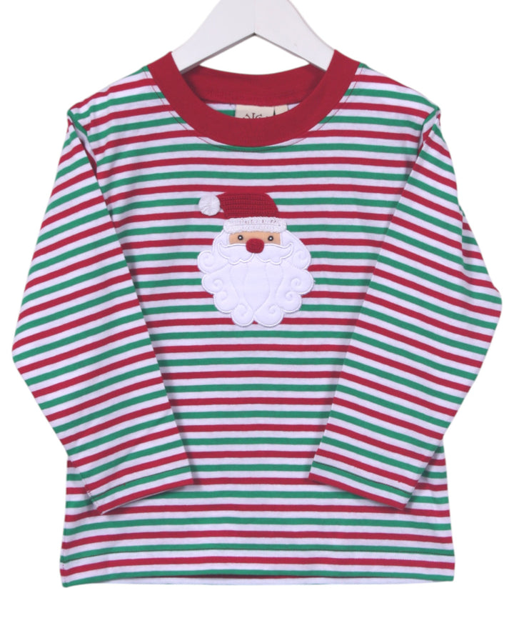 Red, green, and white striped shirt with Santa Claus face on a hanger