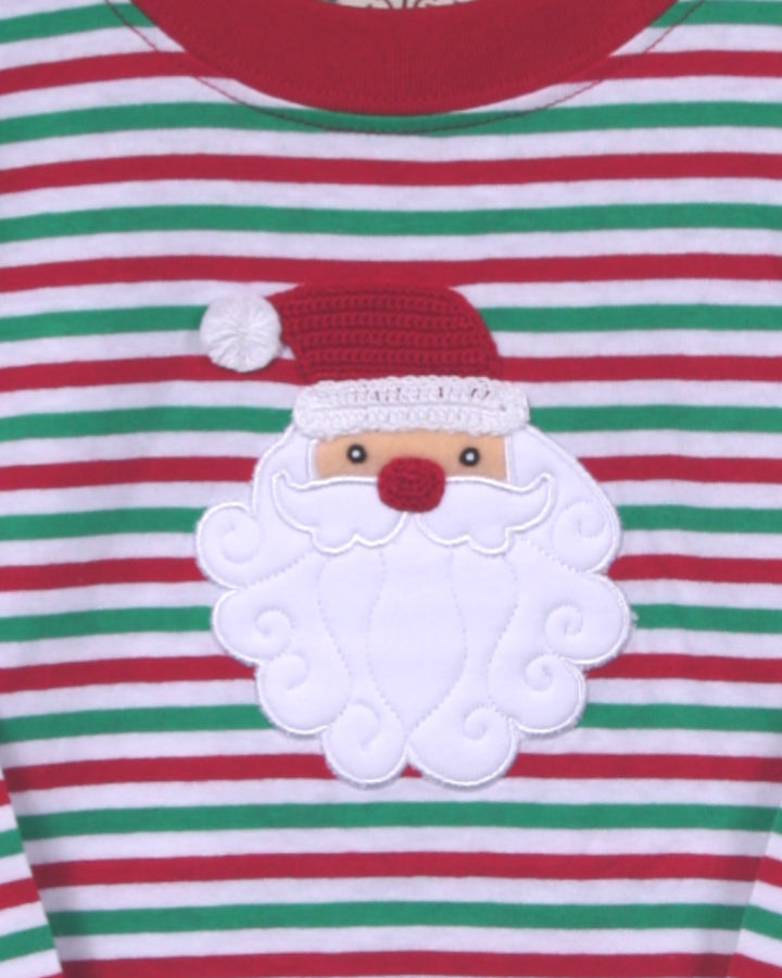 Striped shirt with a Santa Claus patch on a red, green, and white background